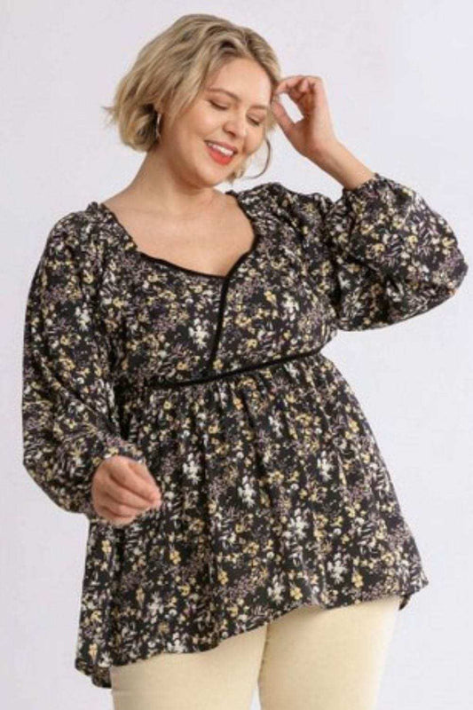 Umgee Full Size Floral Print Velvet Trimmed Balloon Sleeve Top Plus Size - Trendsi - Flyclothing LLC