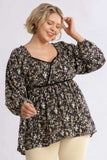 Umgee Full Size Floral Print Velvet Trimmed Balloon Sleeve Top Plus Size - Trendsi - Flyclothing LLC