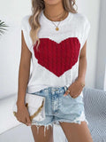 Cable Knit Heart Round Neck Cap Sleeve Knit Top - Trendsi - Flyclothing LLC