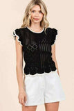 Mittoshop Openwork Contrast Trim Ruffled Cap Sleeve Knit Top - Trendsi - Flyclothing LLC