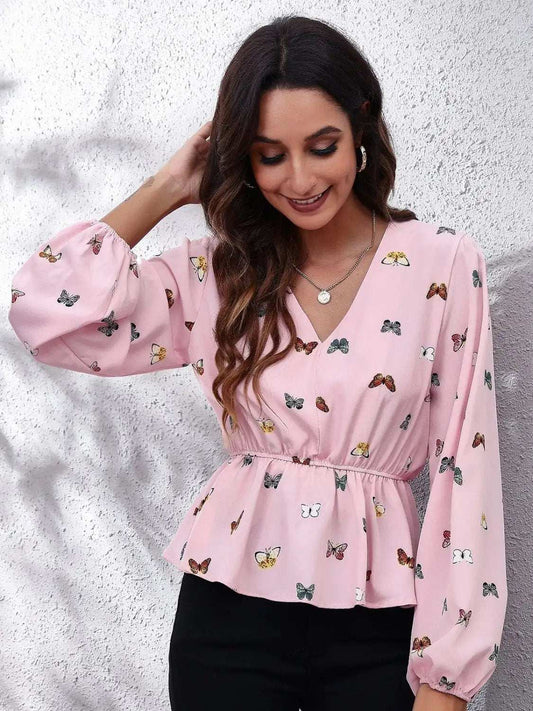 Printed V-Neck Long Sleeve Blouse - Trendsi - Flyclothing LLC