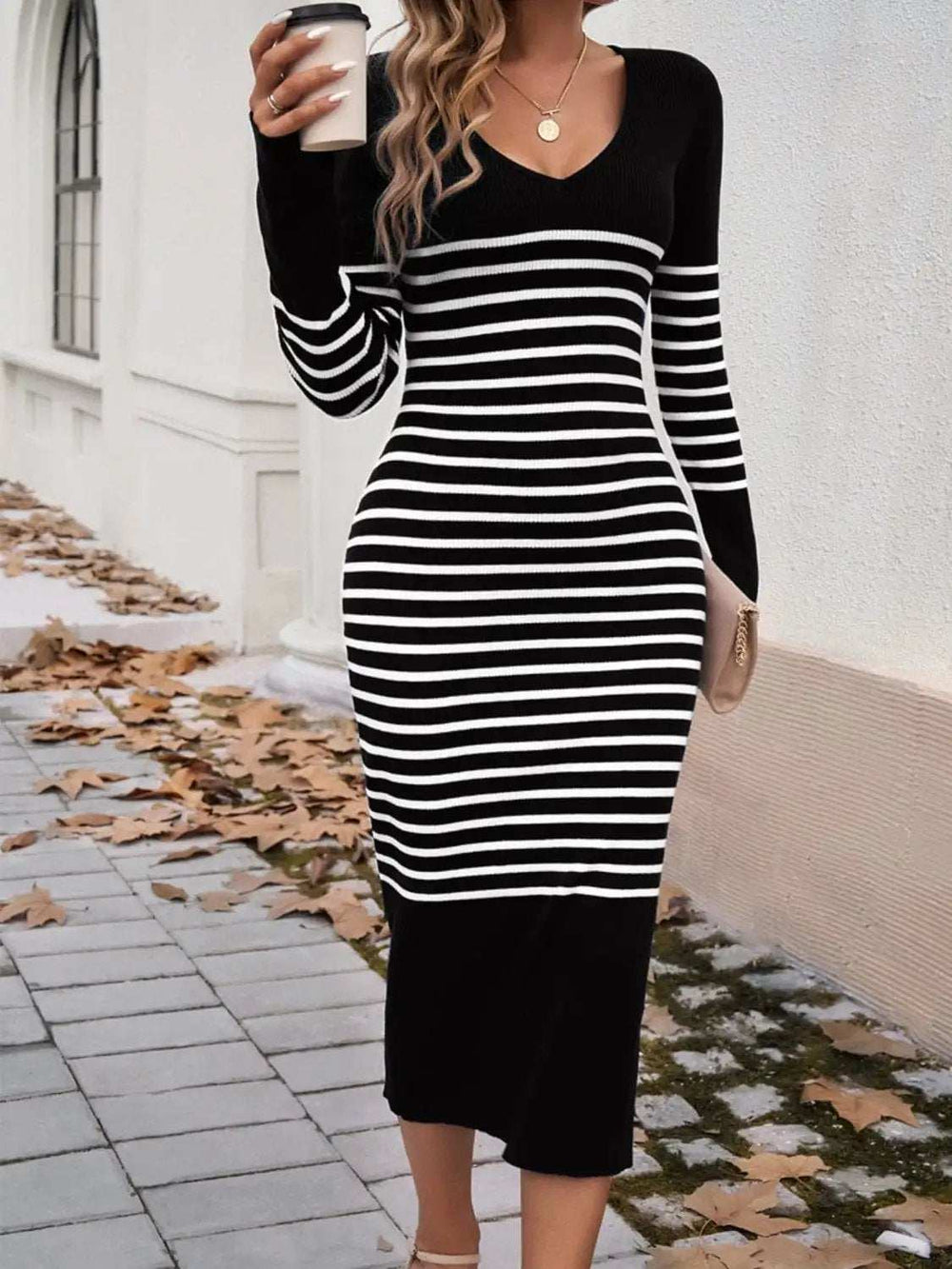 Striped V-Neck Long Sleeve Sweater Dress - Trendsi - Flyclothing LLC