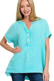 Zenana Washed Double Gauze 3/4 Button Henley Neck Shirt - Trendsi - Flyclothing LLC