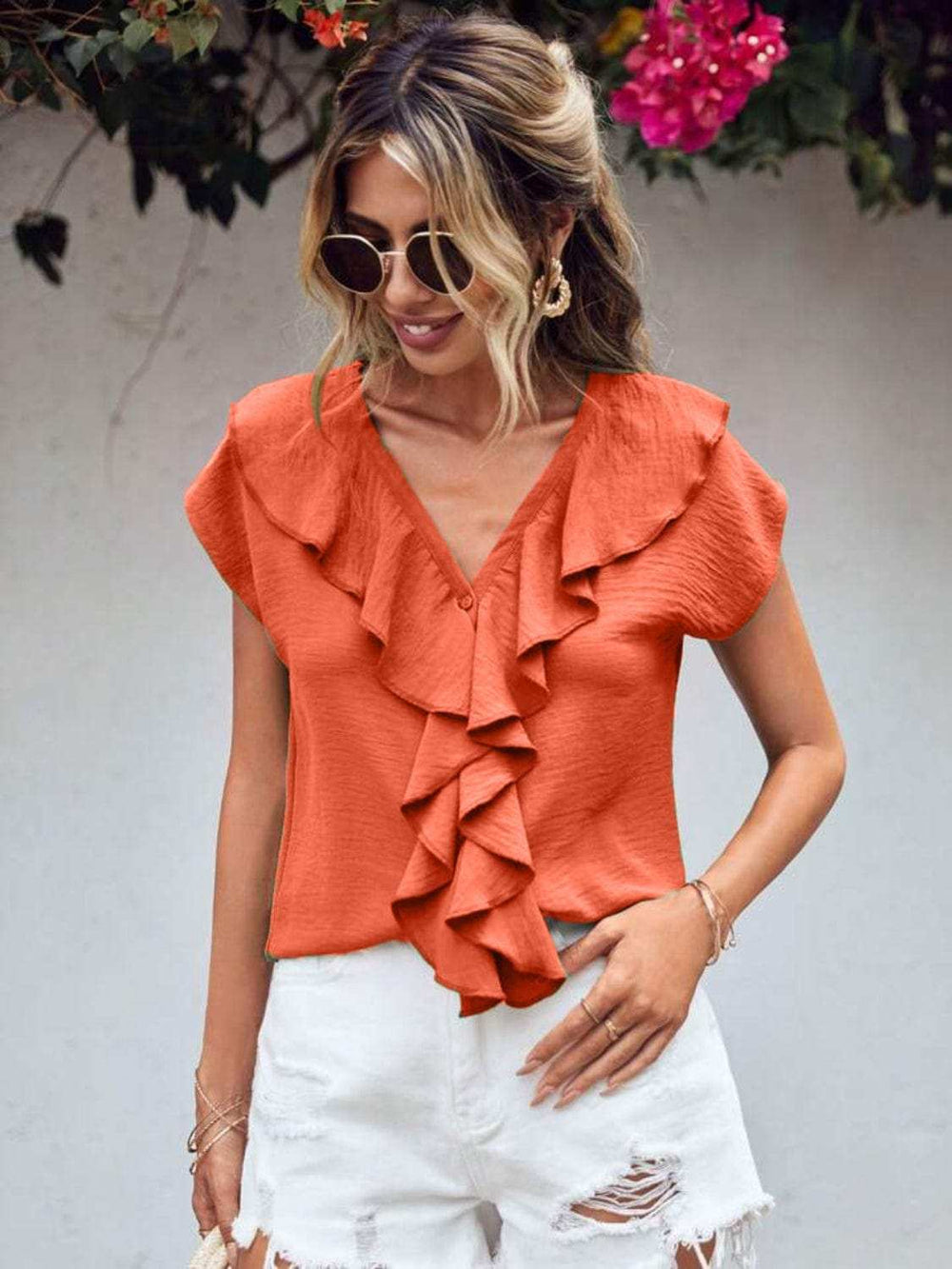 Ruffled V-Neck Short Sleeve Blouse - Trendsi - Flyclothing LLC
