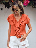 Ruffled V-Neck Short Sleeve Blouse - Trendsi - Flyclothing LLC