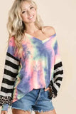 BiBi Tie Dye V Neck Top with Stripe Puff Sleeves - Trendsi - Flyclothing LLC