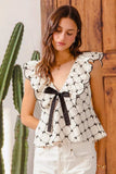SO ME Bow Texture Jacquard Woven Top with Scallop and Tie - Trendsi - Flyclothing LLC