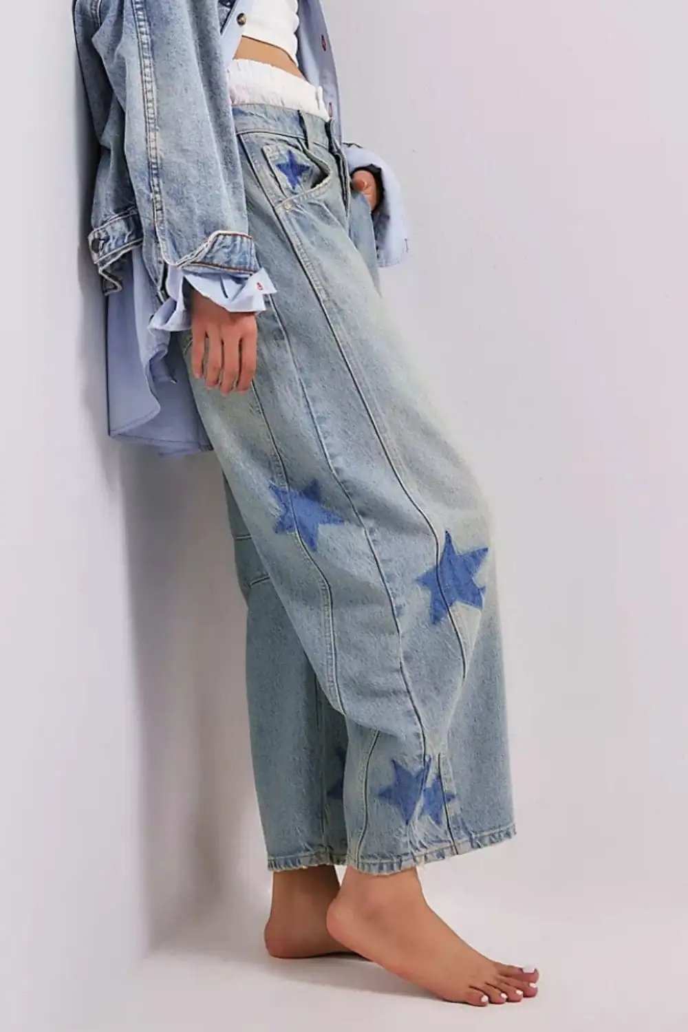 Contrast Star Wide Leg Jeans - Trendsi - Flyclothing LLC
