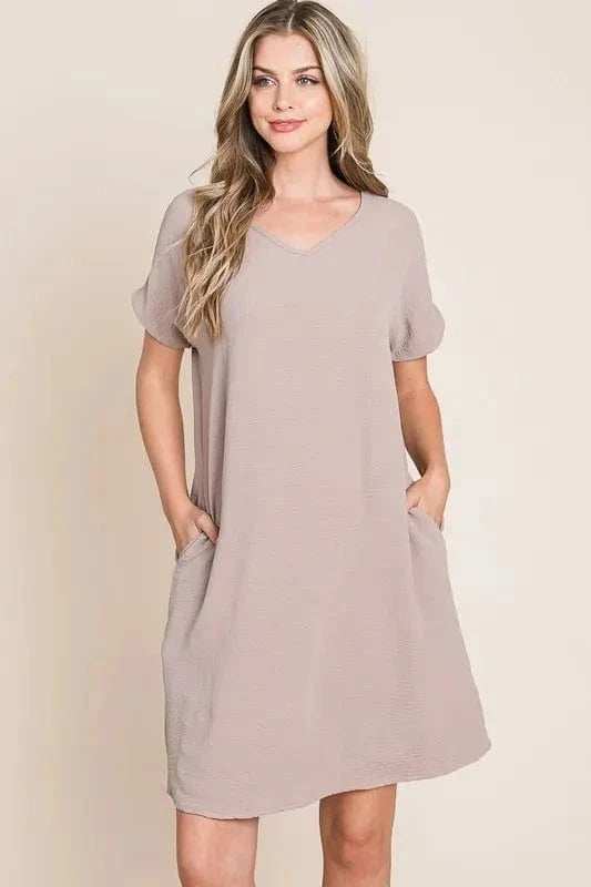 BOMBOM V-Neck Short Sleeve Dress with Pockets - Trendsi - Flyclothing LLC
