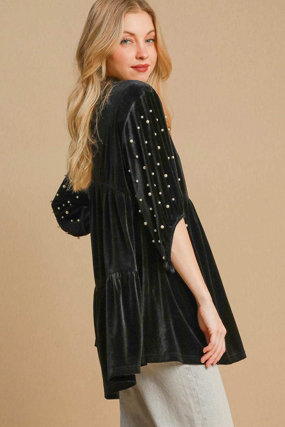 Umgee Pearl Detail Half Sleeve Velvet Babydoll Blouse - Trendsi - Flyclothing LLC