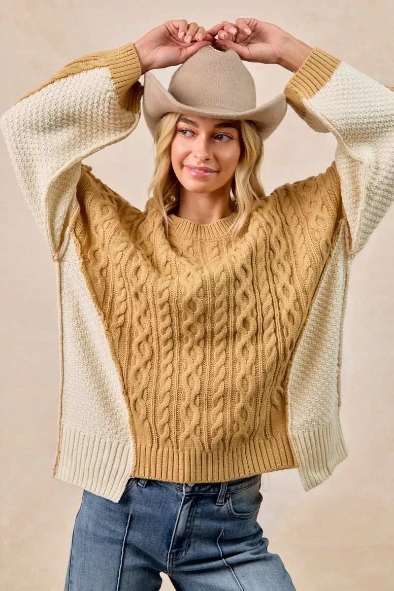 BiBi Cable Knit With Hacci Combo Sweater With Uneven Hem Detail - Trendsi - Flyclothing LLC