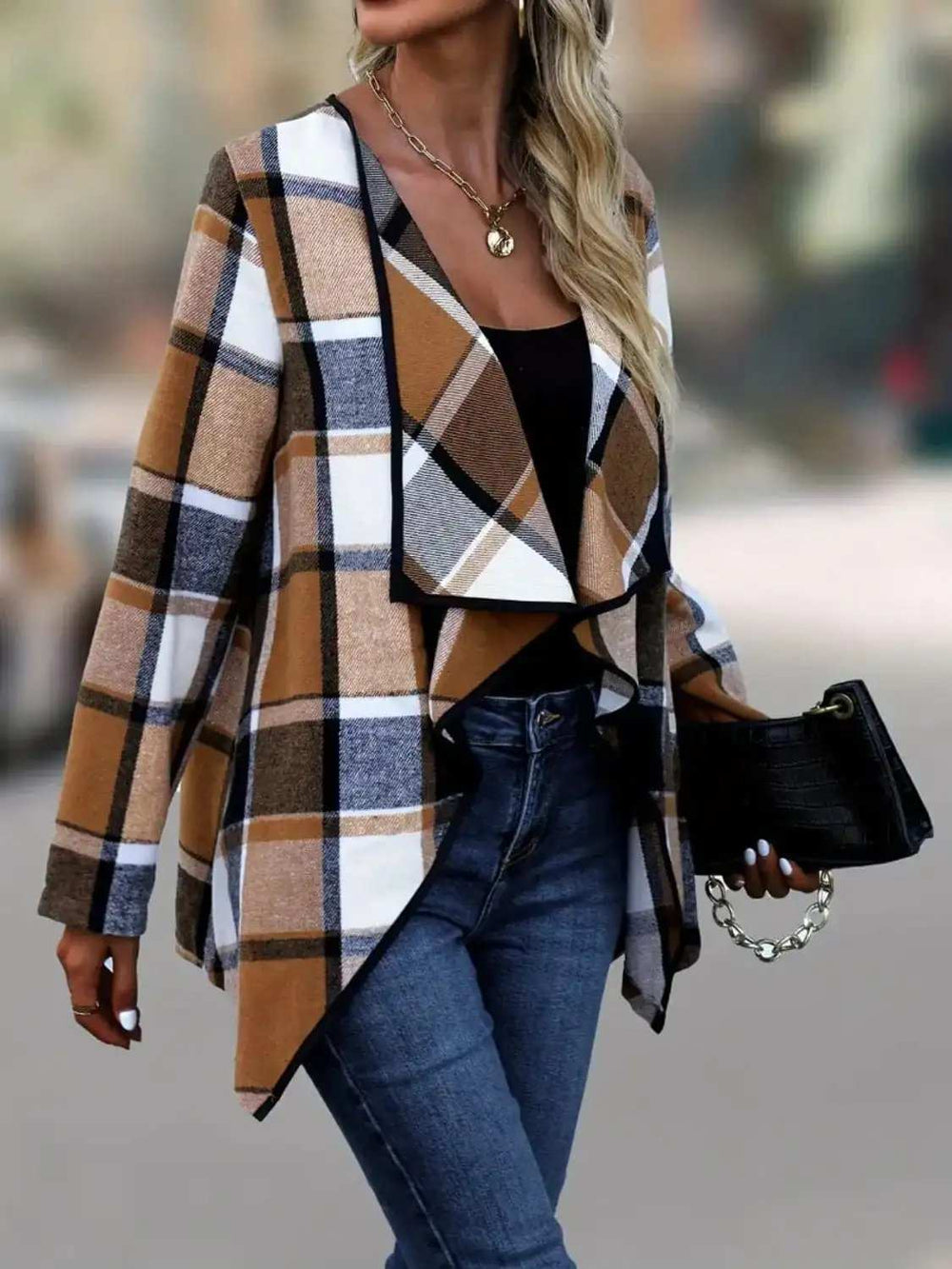 Plaid Open Front Long Sleeve Jacket - Trendsi - Flyclothing LLC