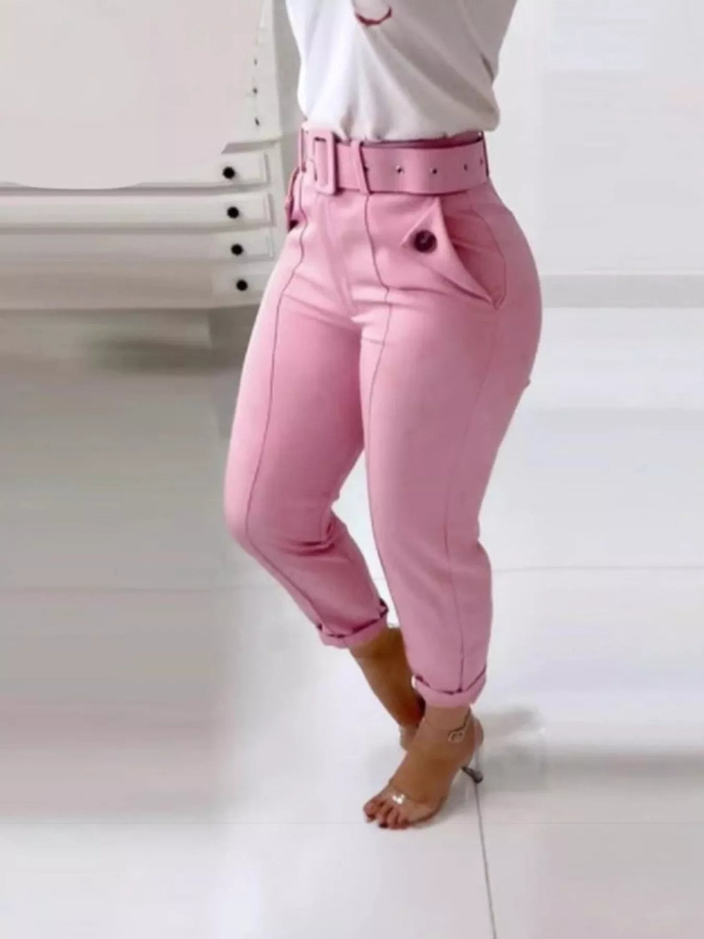 High Waist Belted Slim Fit Ankle Pants - Trendsi - Flyclothing LLC