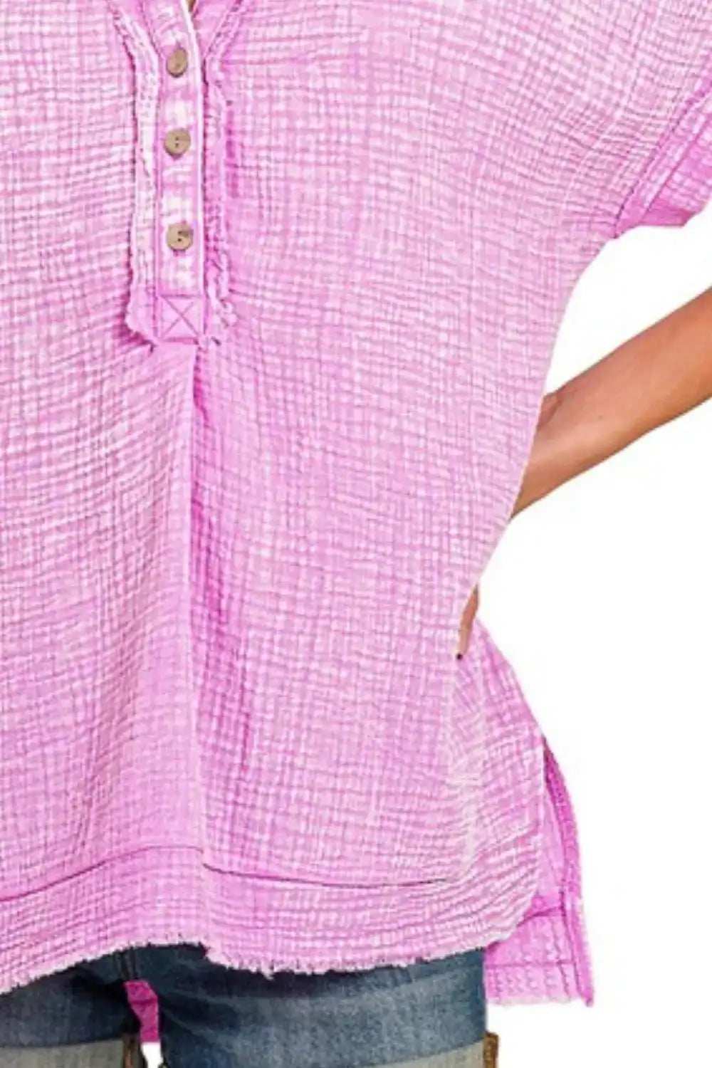 Zenana Washed Double Gauze 3/4 Button Henley Neck Shirt - Trendsi - Flyclothing LLC