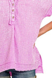 Zenana Washed Double Gauze 3/4 Button Henley Neck Shirt - Trendsi - Flyclothing LLC