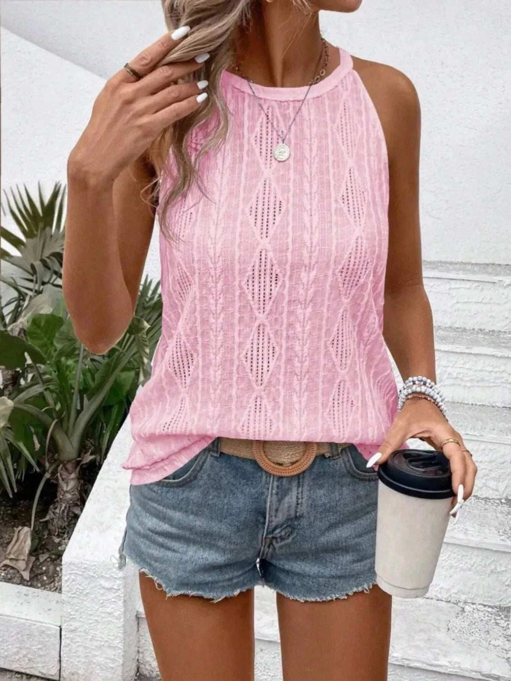 Openwork Grecian Neck Tank - Trendsi - Flyclothing LLC