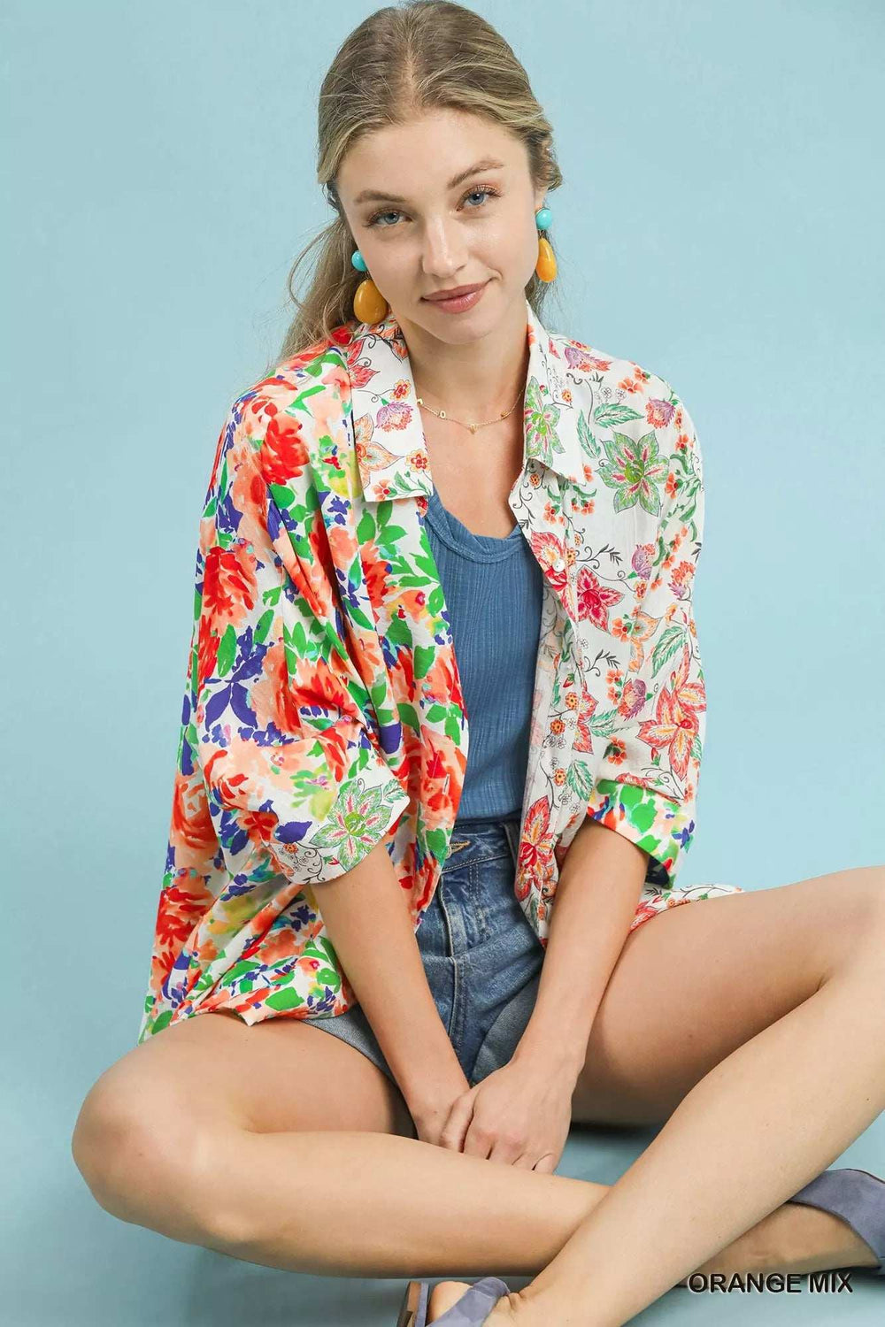 Umgee Mixed Floral Oversized Button Down Shirt - Trendsi - Flyclothing LLC