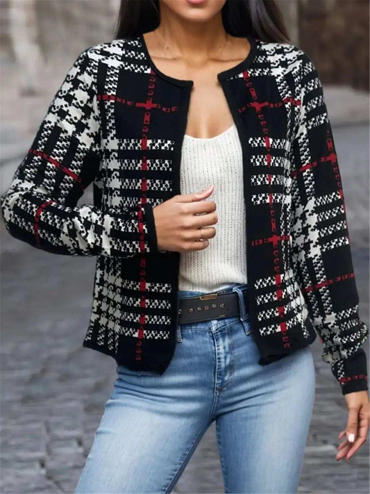 Plaid Open Front Long Sleeve Jacket - Trendsi - Flyclothing LLC