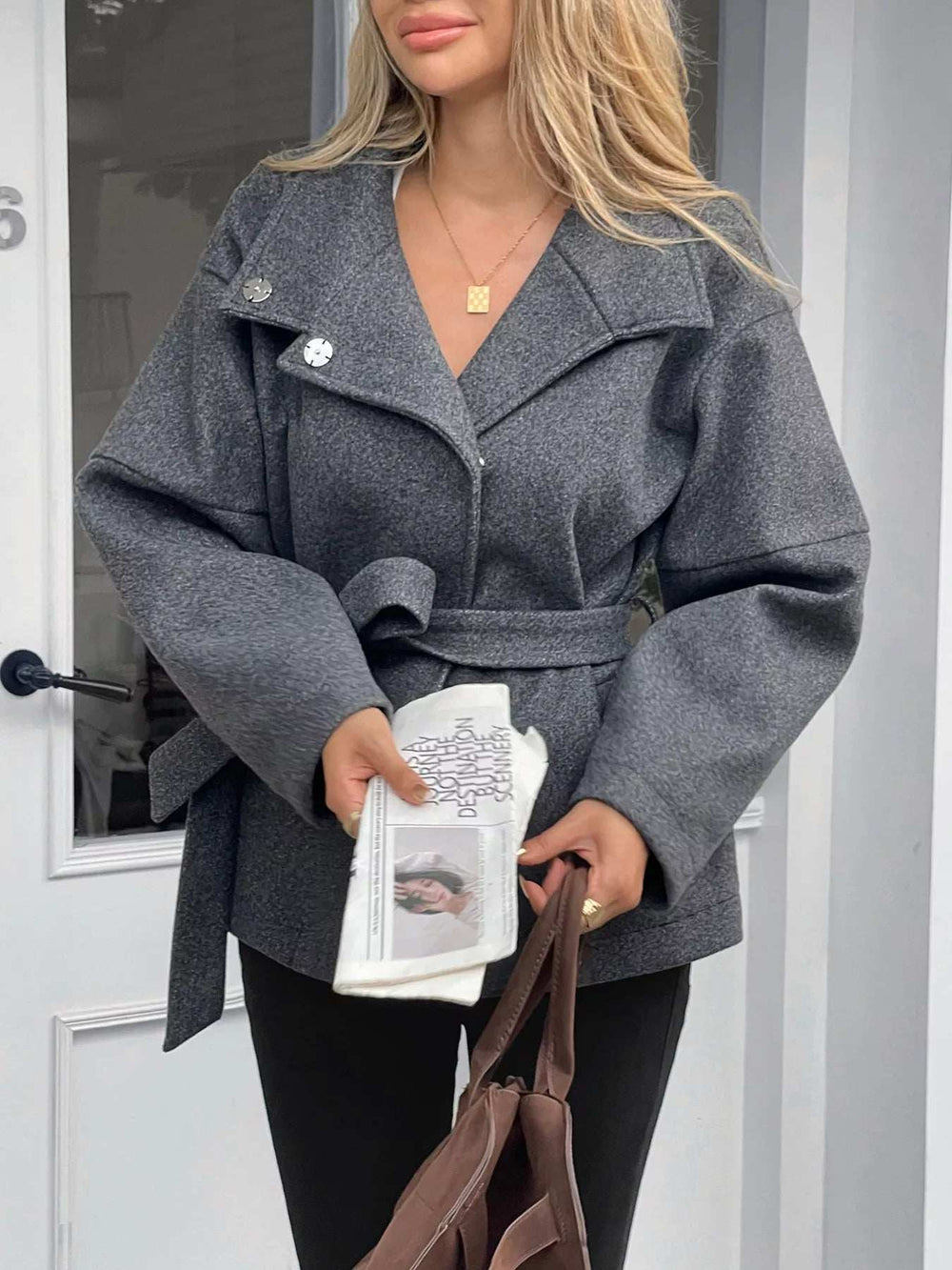 Tie Waist Wool Blend Outerwear - Trendsi - Flyclothing LLC