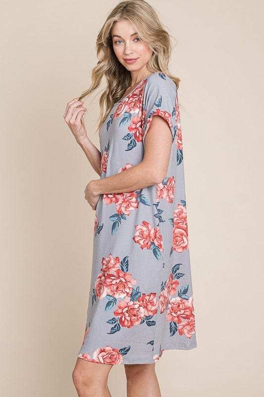 BOMBOM Floral Round Neck Short Tee Dress with Pockets - Trendsi - Flyclothing LLC