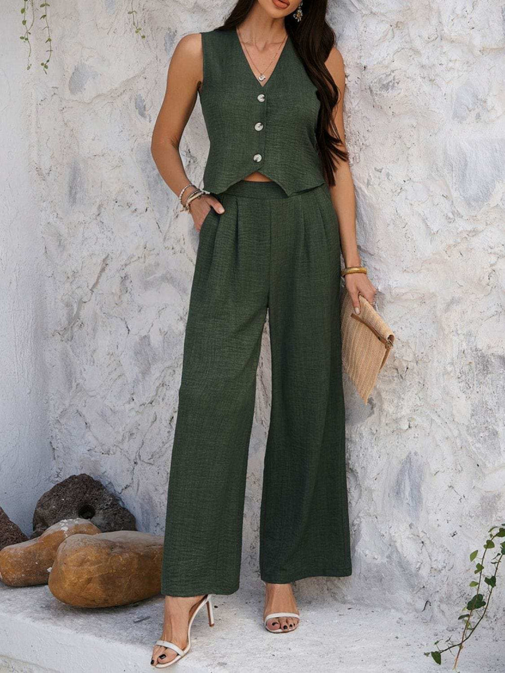 Devine Button Down Vest and Wide Leg Pants Set - Trendsi - Flyclothing LLC