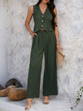Devine Button Down Vest and Wide Leg Pants Set - Trendsi - Flyclothing LLC