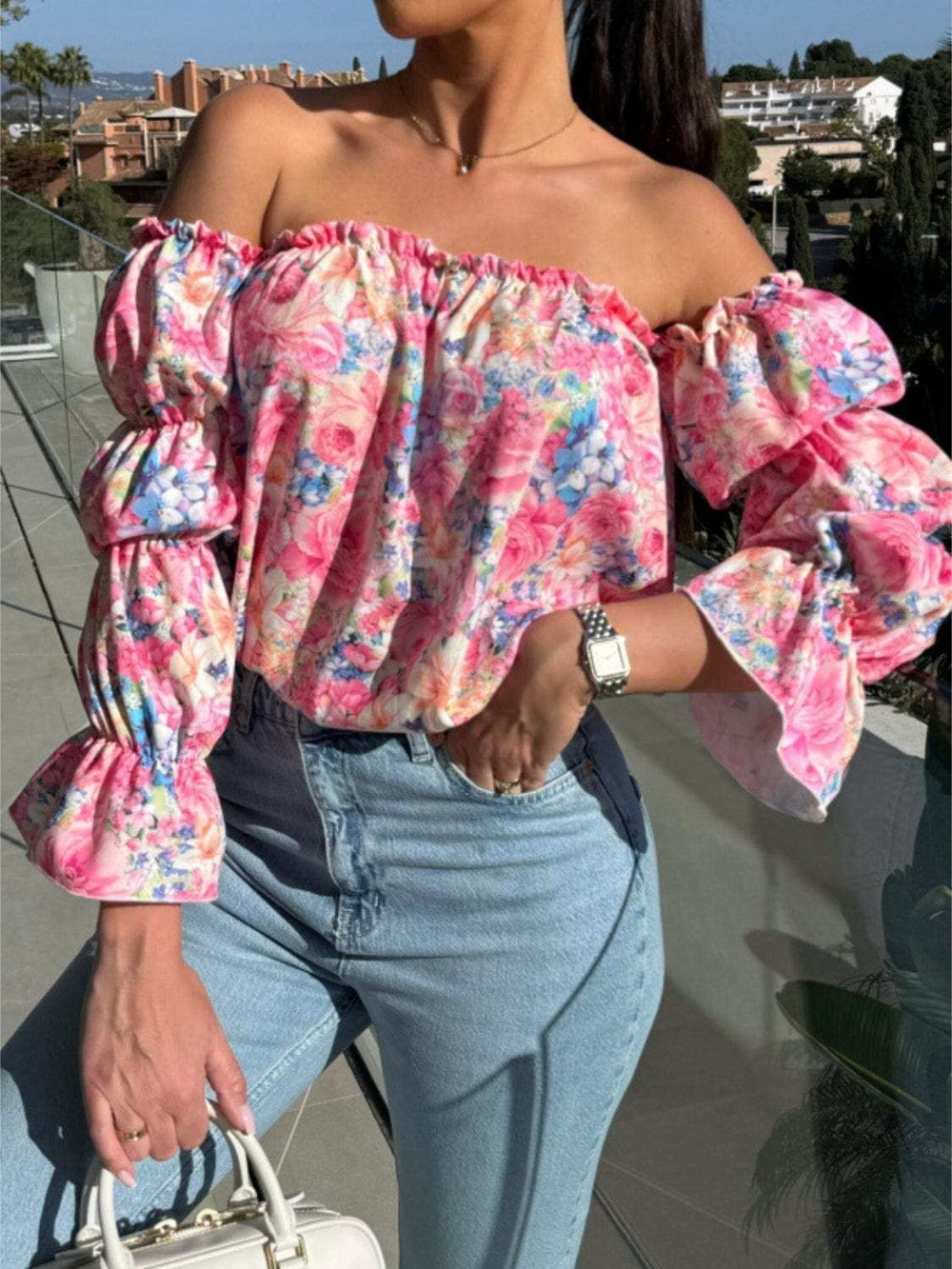 Printed Off-Shoulder Flounce Sleeve Blouse - Trendsi - Flyclothing LLC