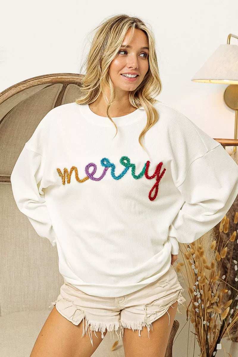 BiBi Merry Tinsel Lettering Drop Shoulder Sweatshirt - Trendsi - Flyclothing LLC