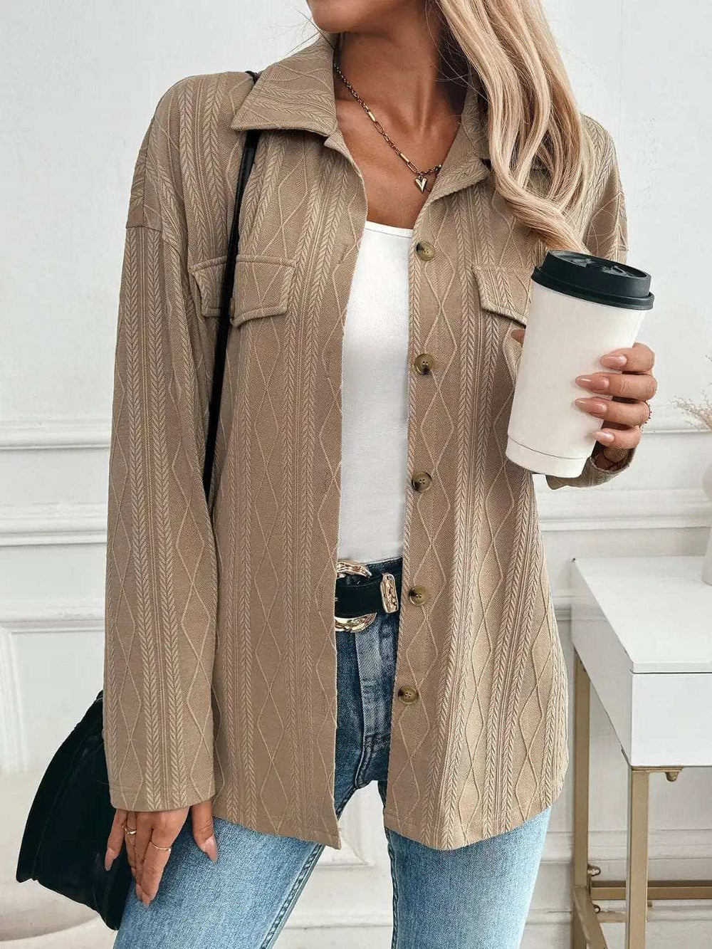 Textured Collared Neck Button Down Shacket - Trendsi - Flyclothing LLC