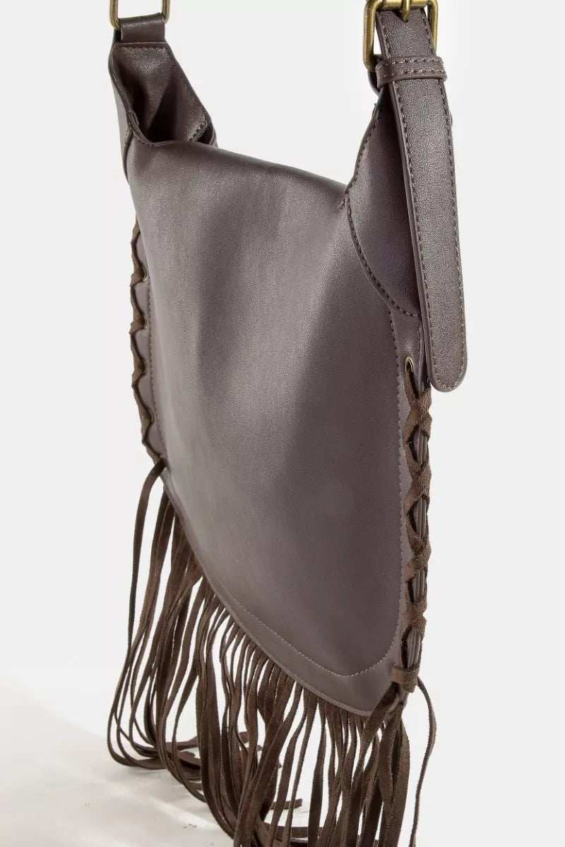 Fame Rivet Trim Suede Fringe Shoulder Bag - Trendsi - Flyclothing LLC