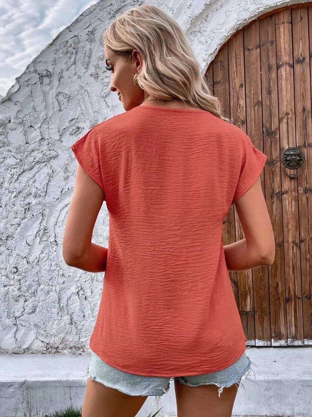 Decorative Button V-Neck Short Sleeve Blouse - Trendsi - Flyclothing LLC