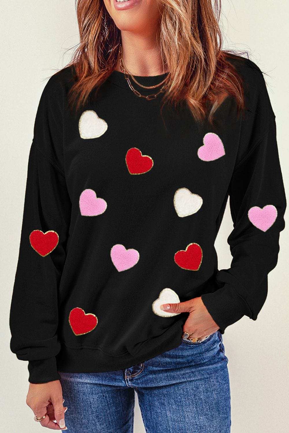 Valentine's Day Contrast Heart Long Sleeve Sweatshirt - Trendsi - Flyclothing LLC