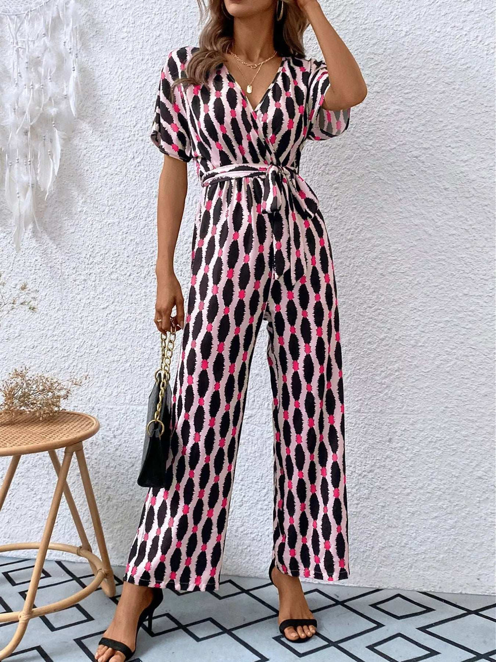Printed Surplice Tie Waist Short Sleeve Jumpsuit - Trendsi - Flyclothing LLC