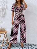Printed Surplice Tie Waist Short Sleeve Jumpsuit - Trendsi - Flyclothing LLC