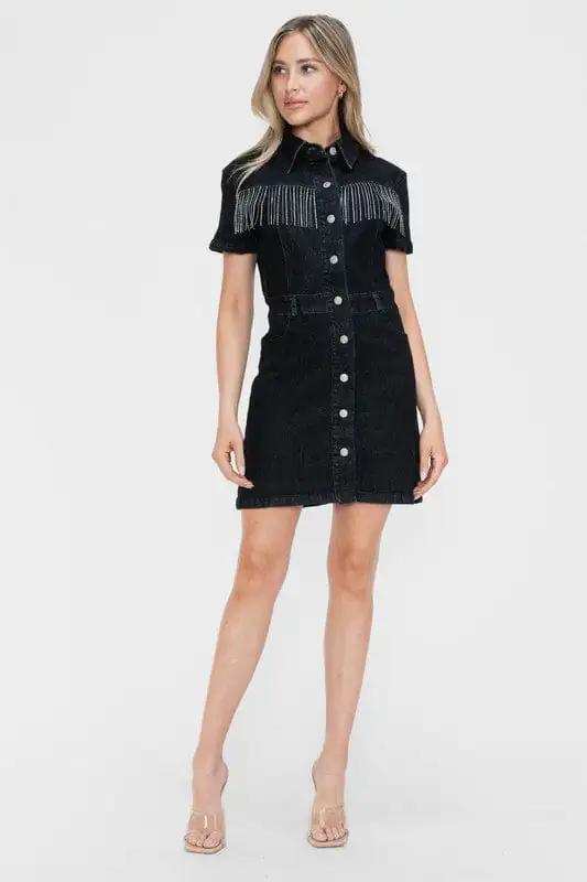 bytos Full Size Embellished Button Down Short Sleeve Denim Dress - Trendsi - Flyclothing LLC
