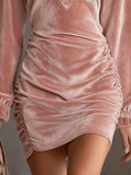 Full Size Velvet Ruched Flounce Sleeve Mini Dress Plus Size - Trendsi - Flyclothing LLC