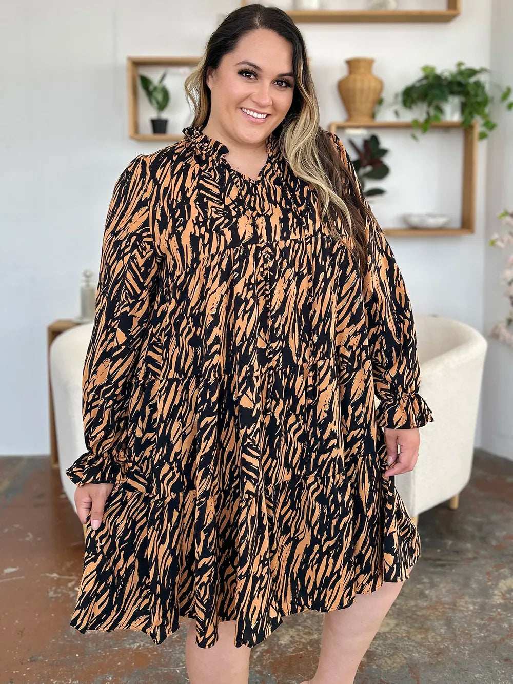 Double Take Full Size Printed Ruffle Hem Long Sleeve Dress - Trendsi - Flyclothing LLC