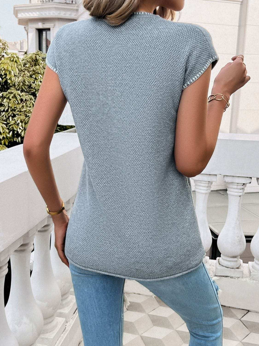 Round Neck Cap Sleeve Knit Top - Trendsi - Flyclothing LLC