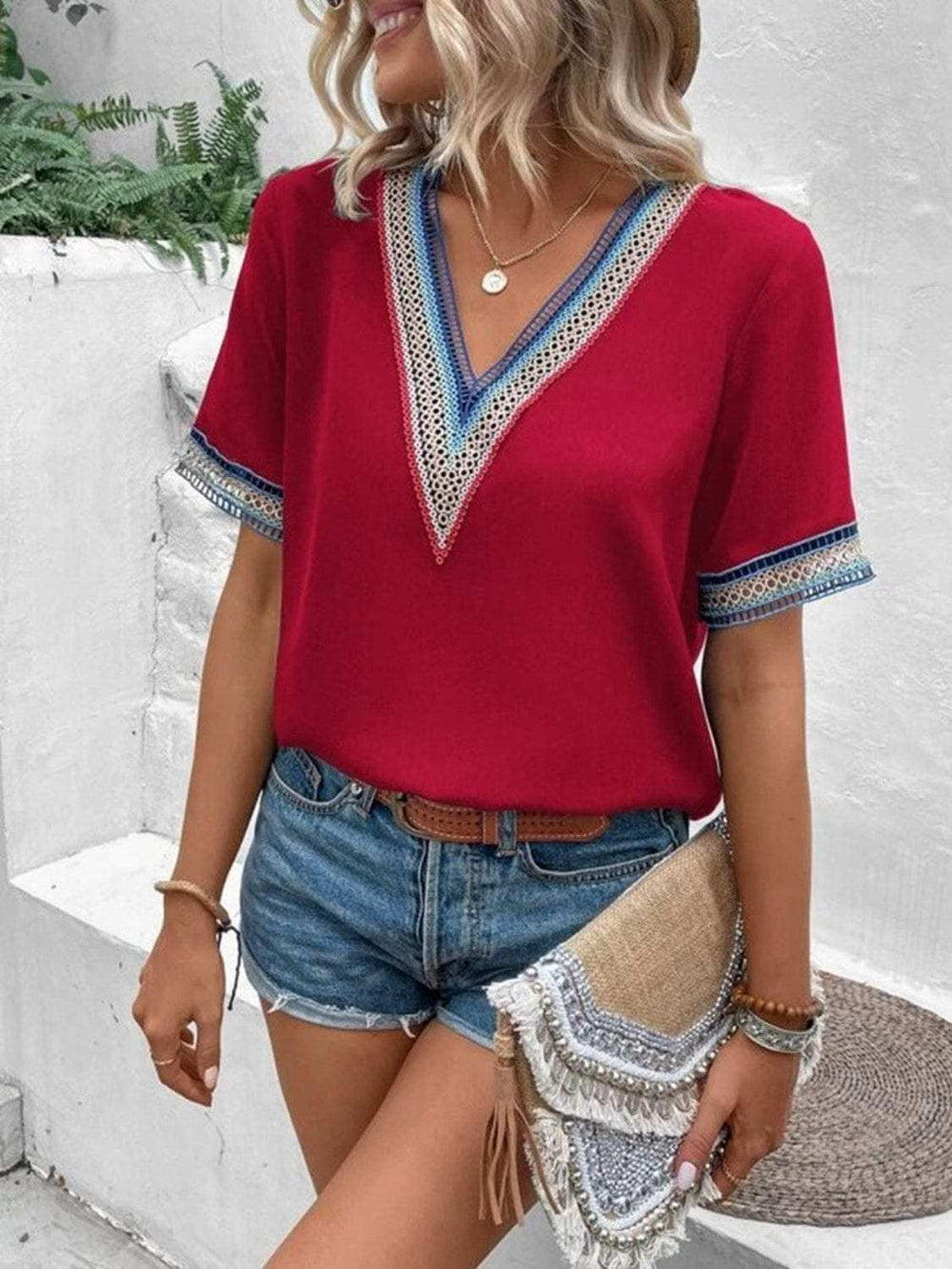 Full Size V-Neck Short Sleeve Blouse - Trendsi - Flyclothing LLC