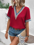 Full Size V-Neck Short Sleeve Blouse - Trendsi - Flyclothing LLC
