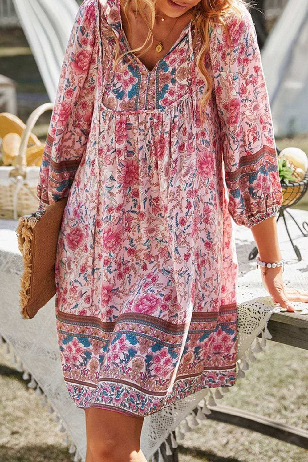 Devine Printed Tie Neck Mini Dress - Trendsi - Flyclothing LLC