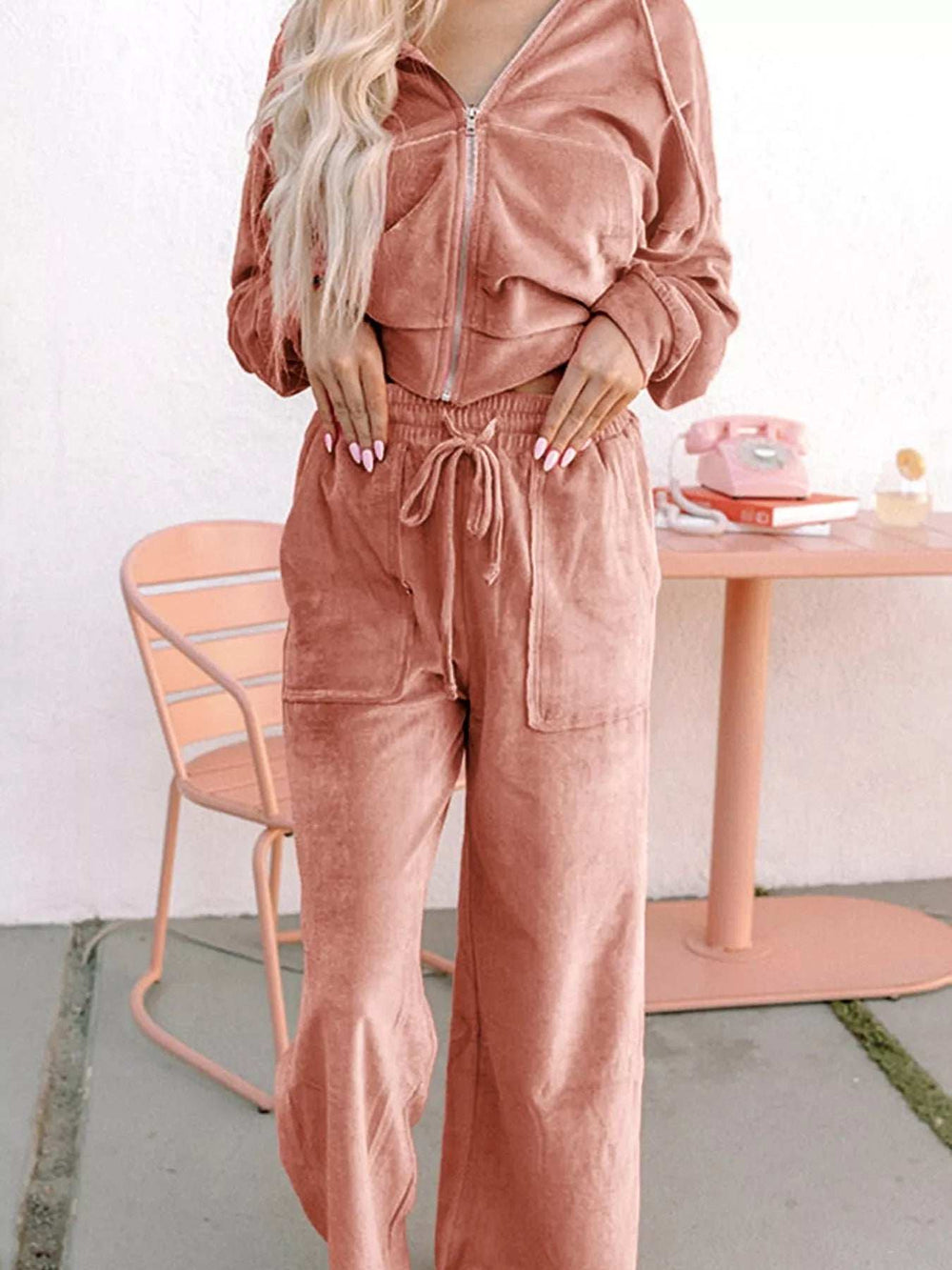 Zip Up Dropped Shoulder Hooded Top and Pants Set - Trendsi - Flyclothing LLC