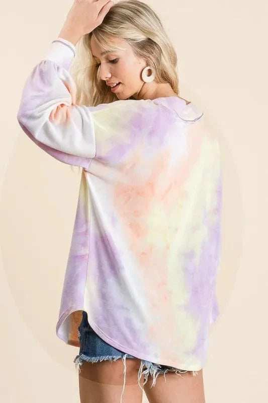 BiBi Tie Dye French Terry V-Neck Top with Puff Sleeves - Trendsi - Flyclothing LLC