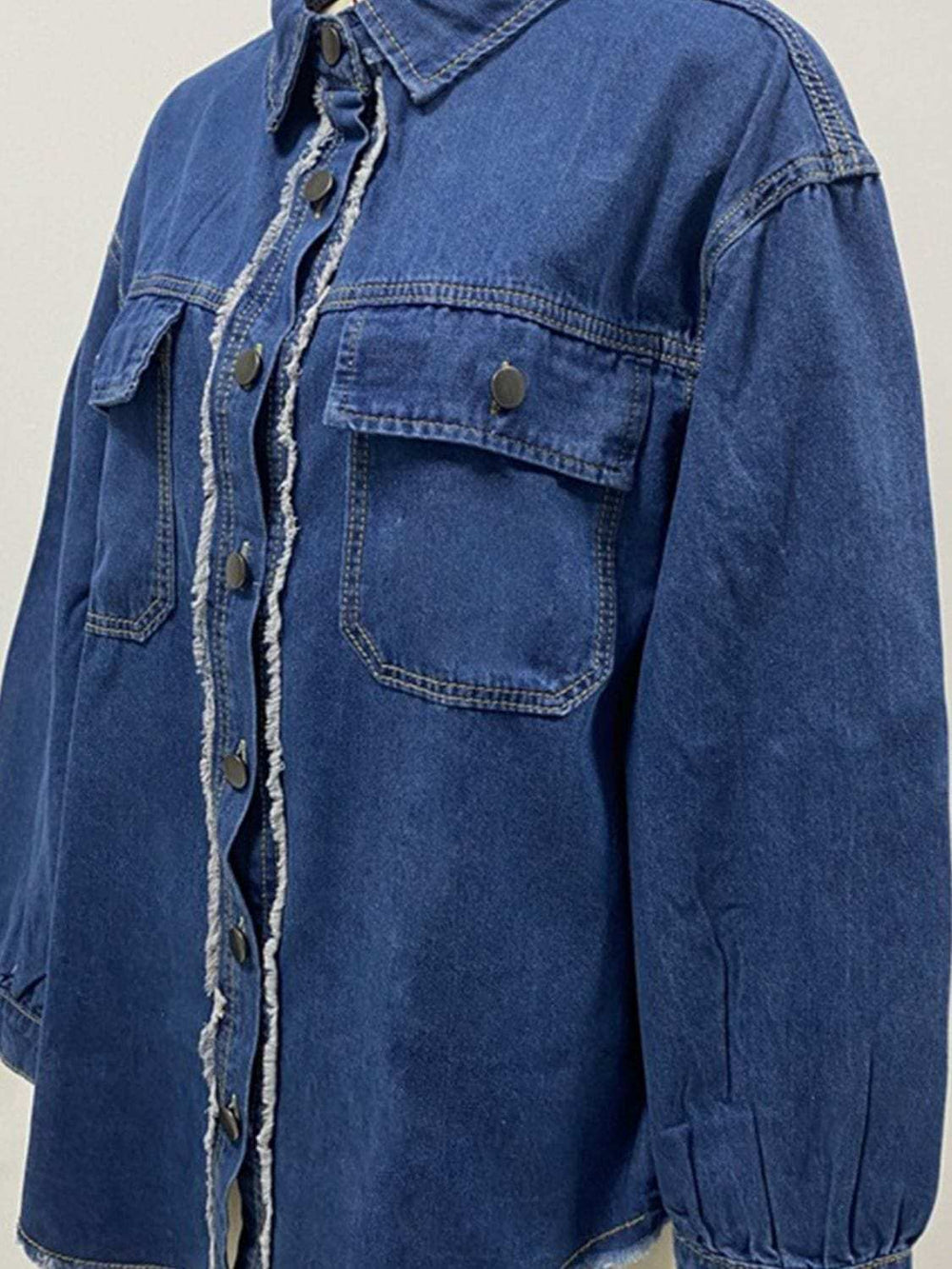 Pocketed Collared Neck Long Sleeve Denim Shirt - Trendsi - Flyclothing LLC