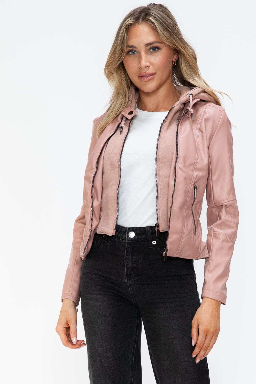 Snobbish Faux Leather Zip Up Drawstring Hooded Jacket - Trendsi - Flyclothing LLC
