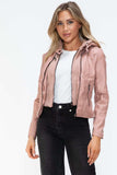 Snobbish Faux Leather Zip Up Drawstring Hooded Jacket - Trendsi - Flyclothing LLC
