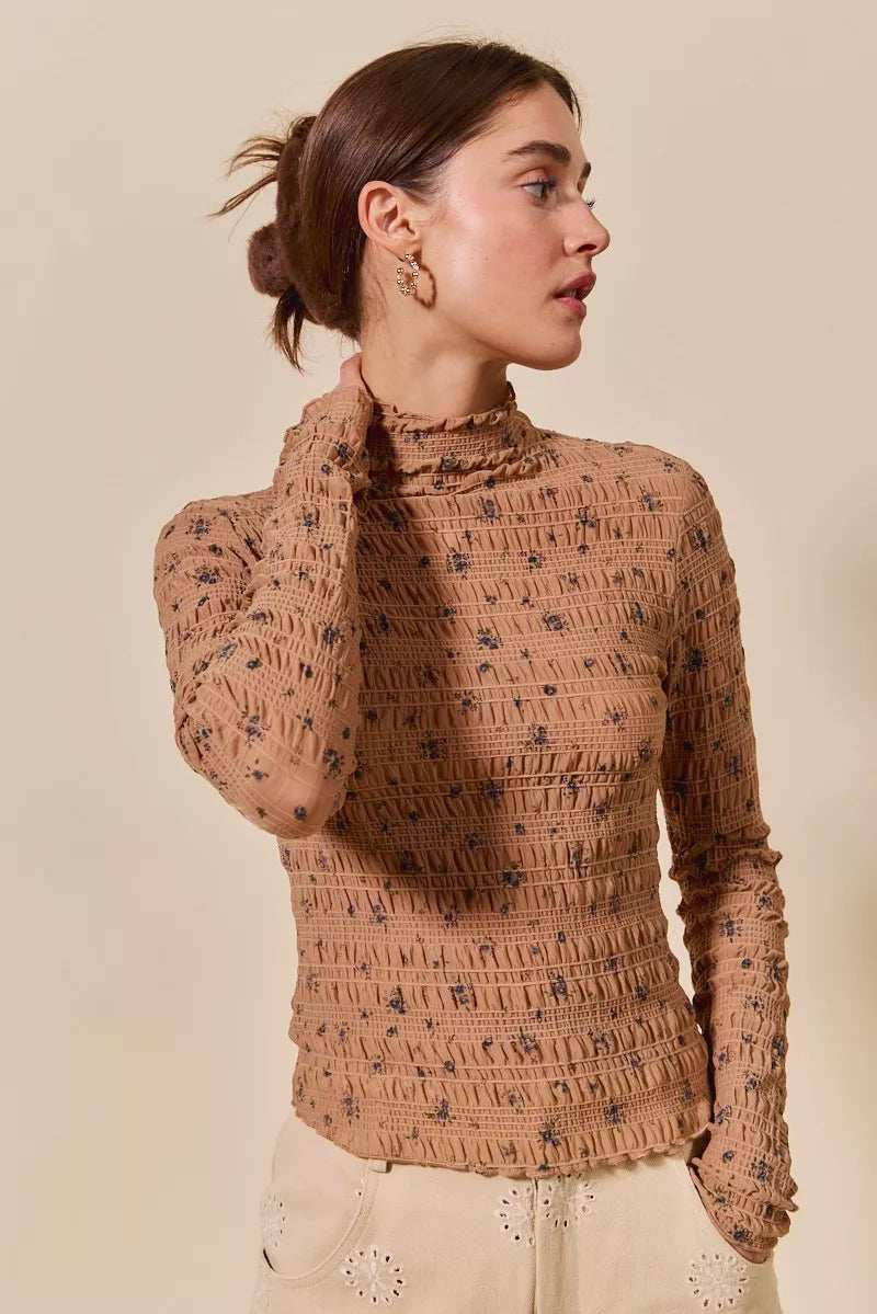 SO ME Floral Print Textured Long Sleeve Knit Top - Trendsi - Flyclothing LLC