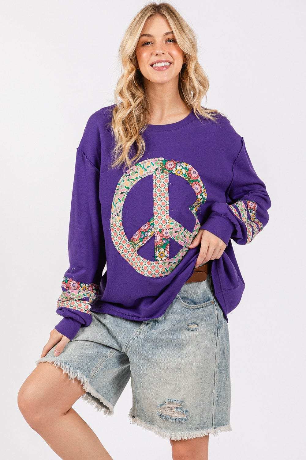 SAGE+FIG Peace Applique Patch Long Sleeve Top - Trendsi - Flyclothing LLC