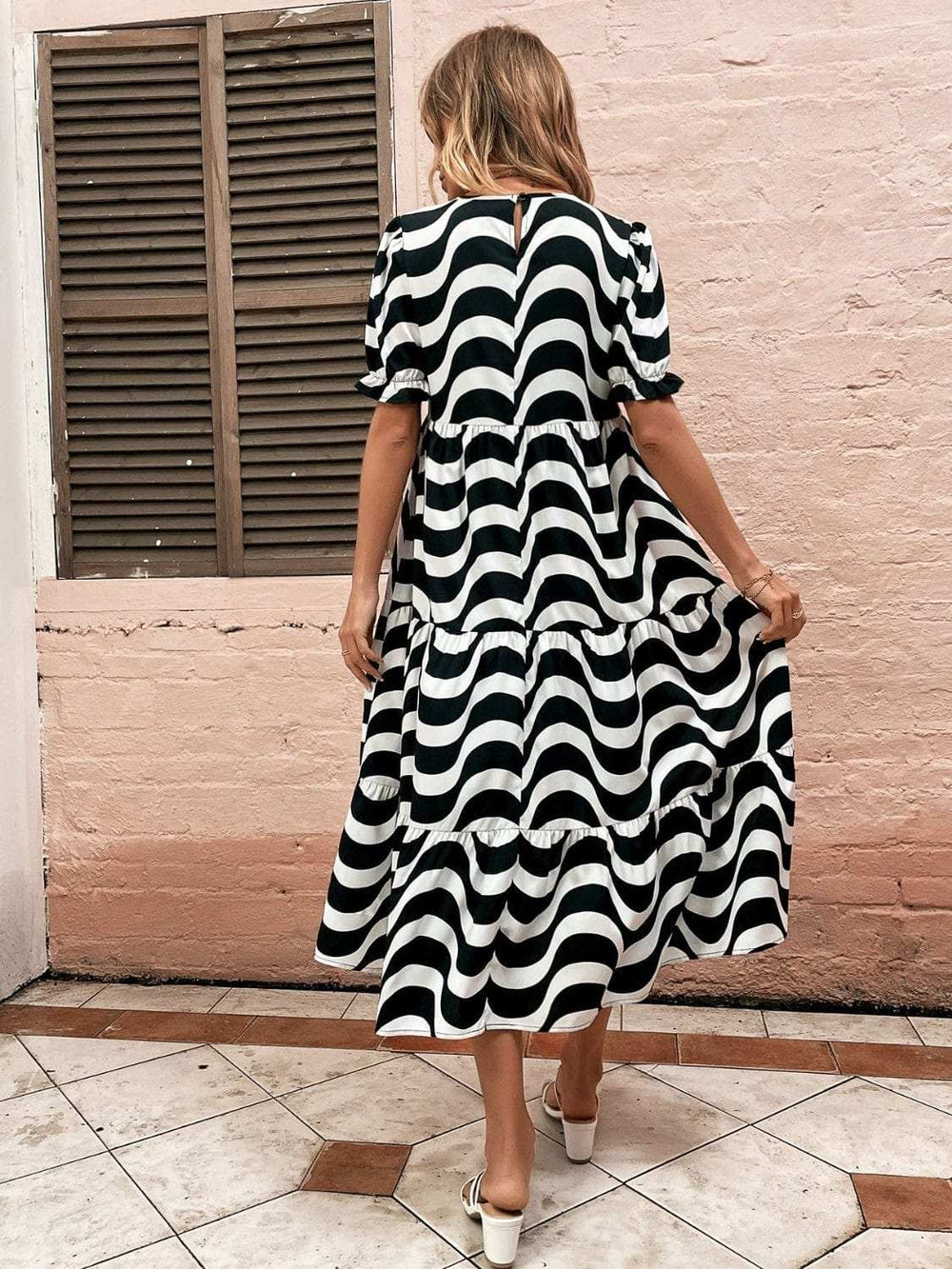 Wavy Striped Round Neck Short Sleeve Dress - Trendsi - Flyclothing LLC