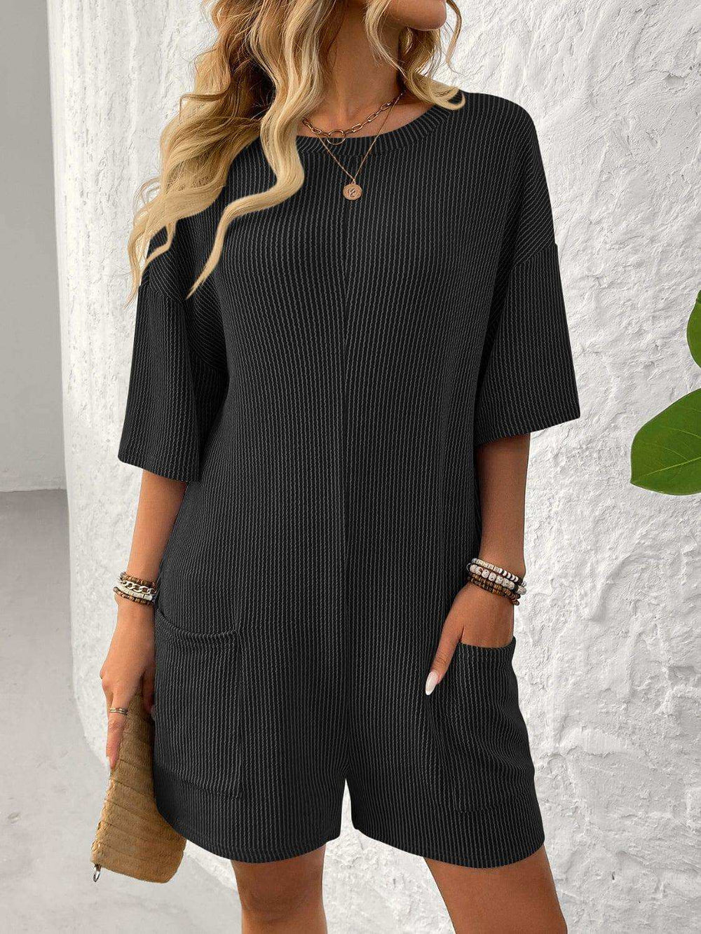 Backless Textured Round Neck Half Sleeve Romper - Trendsi - Flyclothing LLC